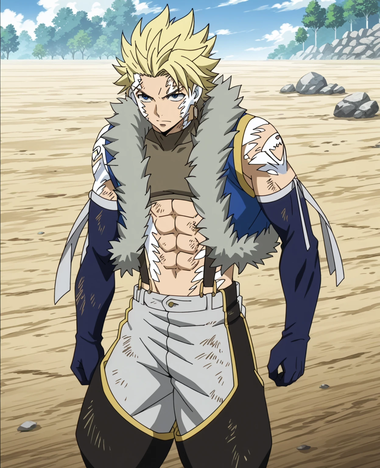 score_9, score_8_up, score_7_up, source_anime, rating_safe, StingFT, Sting drive blonde hair, light yellow Sting single earring, white Sting facepaint, white Sting bodypaint, white ST tattoo, Sting scar, 1boy, male focus, anime screencap, blue-gold fur-trimmed Sting crop top vest, brown Sting crop top, blue Sting elbow gloves, grey Sting pants, grey Sting armband ribbon, brown-yellow Sting suspenders, black-yellow Sting thigh boots, cropped feet,