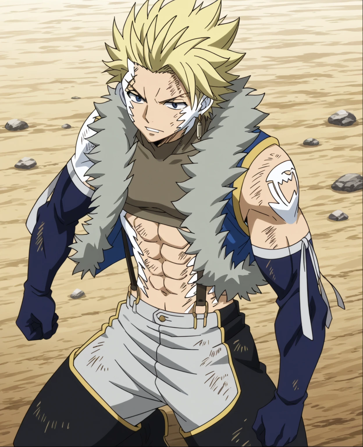 score_9, score_8_up, score_7_up, source_anime, rating_safe, StingFT, Sting drive blonde hair, light yellow Sting single earring, white Sting facepaint, white Sting bodypaint, white ST tattoo, Sting scar, 1boy, male focus, anime screencap, blue-gold fur-trimmed Sting crop top vest, brown Sting crop top, blue Sting elbow gloves, grey Sting pants, grey Sting armband ribbon, brown-yellow Sting suspenders, black-yellow Sting thigh boots, cropped feet,