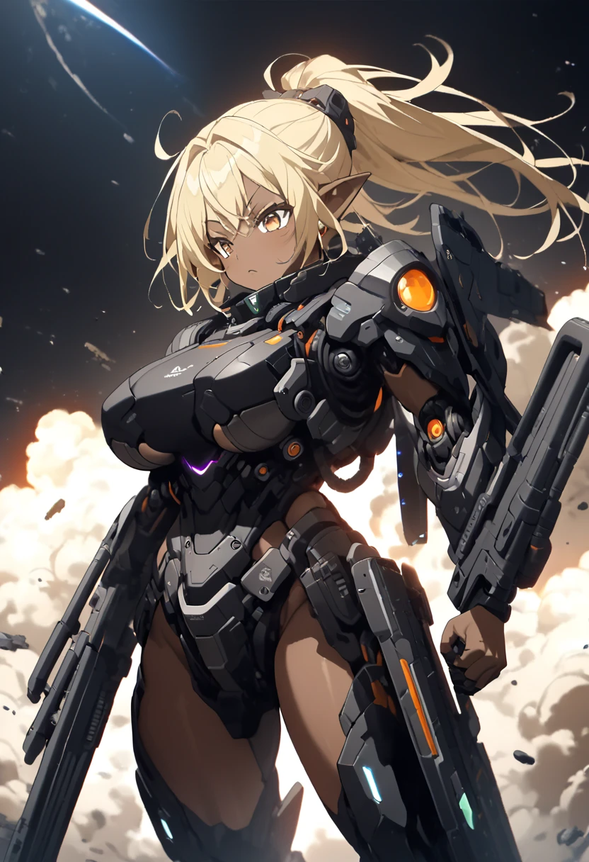 ( top quality 、 detailed images、Beautiful images、 official images )、((Near future、 outer space 、Space War))、( model body type、Blonde、 ponytail hair、short pointed ears 、 Big Breasts )、((( brown skin:1.5)))、( No Emotion)、(black cyber goggles、 black cyber body armor、black cyber shoulder armor、 black cyber boots 、black cyber gauntlet 、heavy assault rifle)、(( cowboy shot))、(Human Mobile Exoskeleton Weapon、 powered suit、shoulder cannon)、explosion、light、