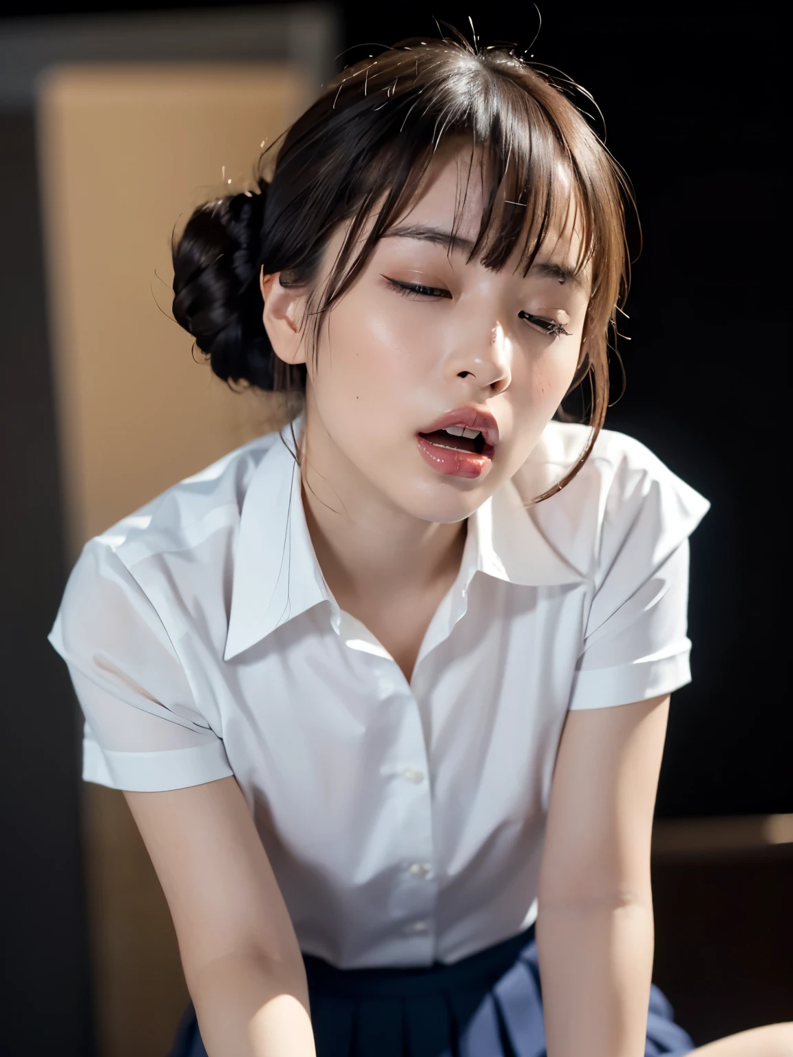 close eyes,(masterpiece:1.2), (highest quality), (visible all over:1.3) ,(Super detailed), (8K, Complex), (lens 135mm,F1.8), (realistic)(black background:1.3), portrait photography, side lighting,edge lights up,best shadow,Area light source,perfect anatomy,perfect face shape,perfect for women,finest female body,improves skin texture,fine cloth pattern,Precise beauty,delicate and delicate skin,highly detailed skin,pale skin,delicate hair,glowing skin,Highly detailed face and skin texture, shiny skin, vivid details, supe realistic, Fine and beautiful skin, 1 female, 30 years old, japanese woman, (thin:Weight 1.0), ((half updo, straight hair, bangs:1.3, brown hair)),perverted woman, (school uniform, white blouse, Navy blue Pleated Skirt, nipple), (((Cowgirl))), A buttoned-up shirt flaps), necklace, (((frown、open your mouth、narrow your eyes))), (((from below:1.5, looking at the viewer:1.3, close up))), Female dog, NSFW,
