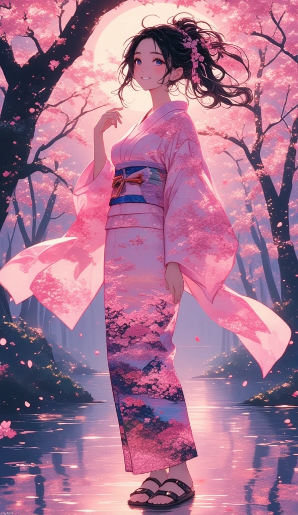 (masterpiece, best quality:1.2), 1 girl, unique, pink Japanese Yukata, The backdrop of detailed imagery of Japanese sakura petals inside the woman's silhouette, ethereal, concept, bleeding in with background, voluminous black hair with pink strands underneath mixing in with the background, creative accessories, medium breasts, creative dance pose and perspective, calming, dim lighting, hair reflecting the moonlight, fully clothed, traditional Japanese wooden sandals, SFW, water reflection, cowboy shot, collage art, Background of japanese sakura design patterns, rough lineart