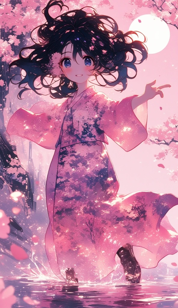 (masterpiece, best quality:1.2), 1 girl, unique, pink Japanese Yukata, The backdrop of detailed imagery of Japanese sakura petals inside the woman's silhouette, ethereal, concept, bleeding in with background, voluminous black hair with pink strands underneath mixing in with the background, creative accessories, medium breasts, creative dance pose and perspective, calming, dim lighting, hair reflecting the moonlight, fully clothed, traditional Japanese wooden sandals, SFW, water reflection, cowboy shot, collage art, Background of japanese sakura design patterns, rough lineart