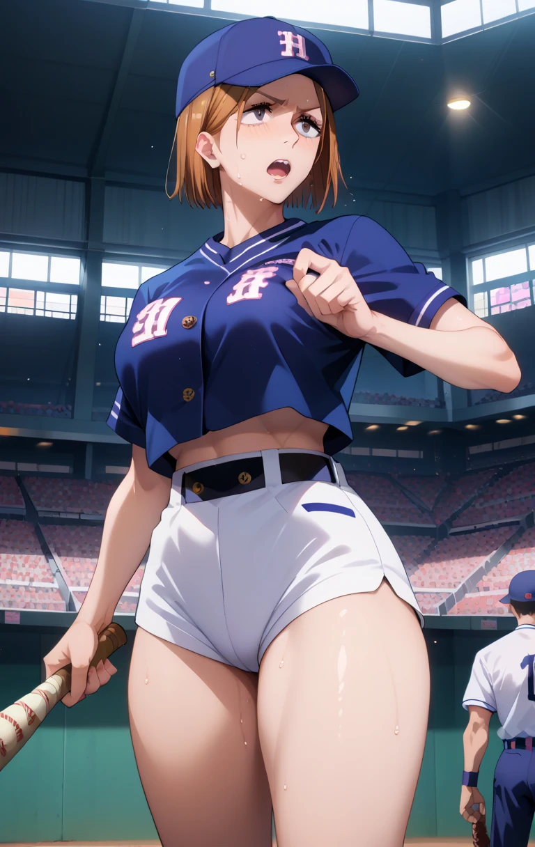 kugisaki nobaraXL, Tall girl, Fit girl,score_9, score_8_up, score_7_up, score_6_up, uncensored, kugisaki_nobara, short hair, brown hair ,huge breas,1girl, aseball_bat, baseball_uniform, 1boy, hat, sportswear, shorts, breasts, short_hair, belt, baseball_cap, large_breasts, open_mouth, , sweat, pantyhose, holding, solo_focus, thighs, clothes_writing