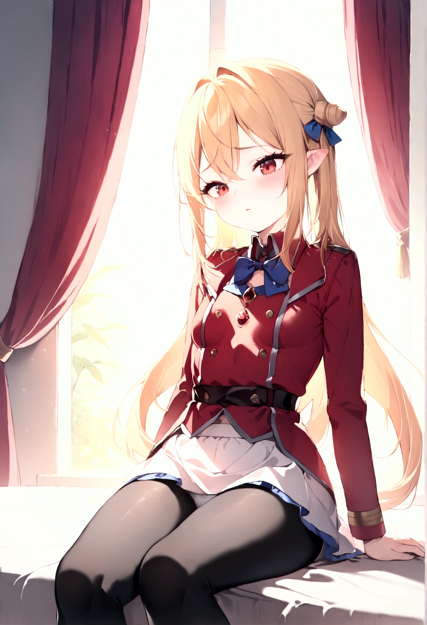  high image quality 、masterpiece、  High Quality   、Full HD、4K 、 long golden hair 、Tie your hair in a bun、 red eyes、 slim、 small breasts、blush、 red and gold uniform 、White Skirt、 blue ribbon on the chest、 Black Tights 、 sit on the bed、 open legs 、white panties under tights、longitudinal streaks on panties 