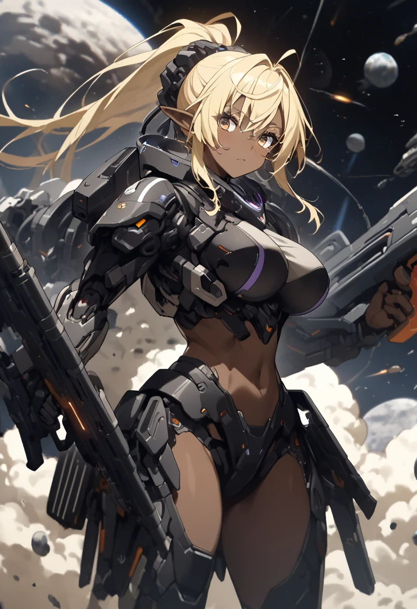 ( top quality 、 detailed images、Beautiful images、 official images )、((Near future、 outer space 、Space War))、( model body type、Blonde、 ponytail hair、short pointed ears 、 Big Breasts )、((( brown skin:1.5)))、( No Emotion)、(black cyber goggles、 black cyber body armor、 Black Cyber Shoulder Armor、 black cyber boots 、black cyber gauntlet 、heavy assault rifle)、(( cowboy shot))、(Human Mobile Exoskeleton Weapon、 powered suit、shoulder cannon)、explosion、light、