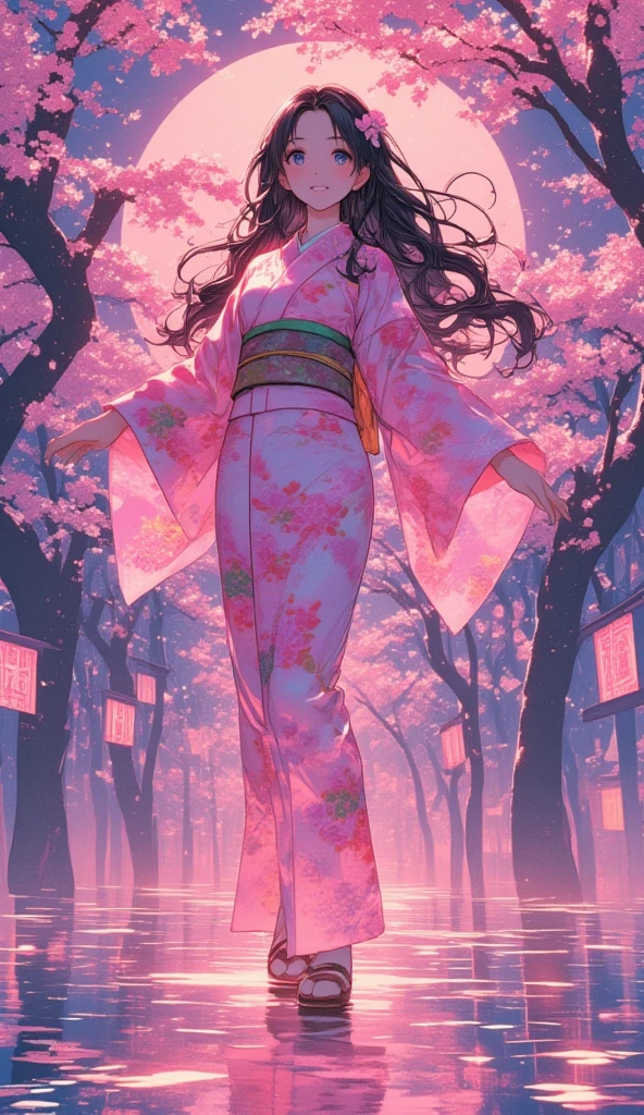 (masterpiece, best quality:1.2), 1 girl, unique, pink Japanese Yukata, The backdrop of detailed imagery of Japanese sakura petals inside the woman's silhouette, ethereal, concept, bleeding in with background, voluminous black hair with pink strands underneath mixing in with the background, creative accessories, medium breasts, creative dance pose and perspective, calming, dim lighting, hair reflecting the moonlight, fully clothed, traditional Japanese wooden sandals, SFW, water reflection, cowboy shot, collage art, Background of japanese sakura design patterns, rough lineart