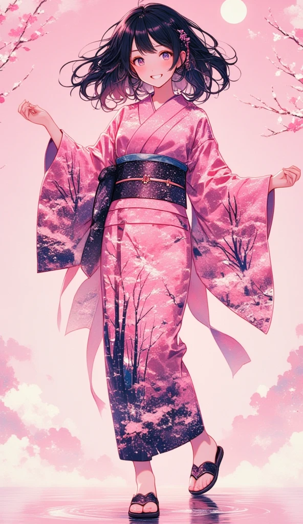 (masterpiece, best quality:1.2), 1 girl, unique, pink Japanese Yukata, The backdrop of detailed imagery of Japanese sakura petals inside the woman's silhouette, ethereal, concept, bleeding in with background, voluminous black hair with pink strands underneath mixing in with the background, creative accessories, medium breasts, creative dance pose and perspective, calming, dim lighting, hair reflecting the moonlight, fully clothed, traditional Japanese wooden sandals, SFW, water reflection, cowboy shot, collage art, Background of japanese sakura design patterns, rough lineart