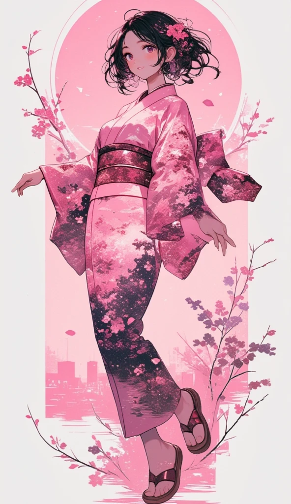 (masterpiece, best quality:1.2), 1 girl, unique, pink Japanese Yukata, The backdrop of detailed imagery of Japanese sakura petals inside the woman's silhouette, ethereal, concept, bleeding in with background, voluminous black hair with pink strands underneath mixing in with the background, creative accessories, medium breasts, creative dance pose and perspective, calming, dim lighting, hair reflecting the moonlight, fully clothed, traditional Japanese wooden sandals, SFW, water reflection, cowboy shot, collage art, Background of japanese sakura design patterns, rough lineart