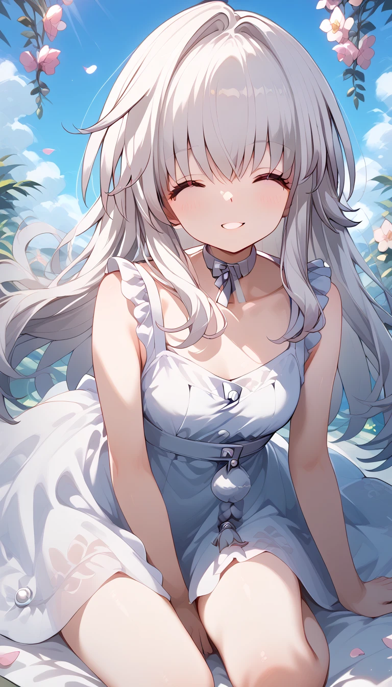 clara (honkai: star rail), 1girl, long hair, white hair, closed eyes,　Alone,  eyebrow visible from inside hair ,  hair between eyes　 top quality, very aesthetic, sundress　smile　summer　in the flower garden　grassland　flower　in the sky　petal　outside　Sunlight　open mouth,　幸せ　楽しい　嬉しい