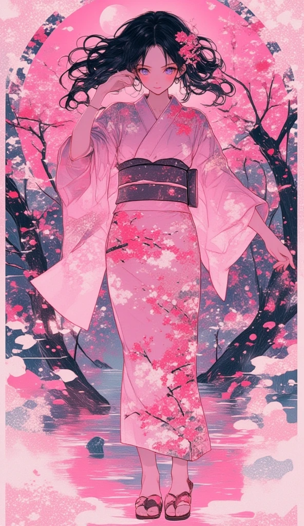 (masterpiece, best quality:1.2), 1 girl, unique, pink Japanese Yukata, The backdrop of detailed imagery of Japanese sakura petals inside the woman's silhouette, ethereal, concept, bleeding in with background, voluminous black hair with pink strands underneath mixing in with the background, creative accessories, medium breasts, creative dance pose and perspective, calming, dim lighting, hair reflecting the moonlight, fully clothed, traditional Japanese wooden sandals, SFW, water reflection, cowboy shot, collage art, Background of japanese sakura design patterns, rough lineart