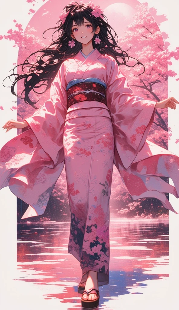 (masterpiece, best quality:1.2), 1 girl, unique, pink Japanese Yukata, The backdrop of detailed imagery of Japanese sakura petals inside the woman's silhouette, ethereal, concept, bleeding in with background, voluminous black hair with pink strands underneath mixing in with the background, creative accessories, medium breasts, creative dance pose and perspective, calming, dim lighting, hair reflecting the moonlight, fully clothed, traditional Japanese wooden sandals, SFW, water reflection, cowboy shot, collage art, Background of japanese sakura design patterns, rough lineart