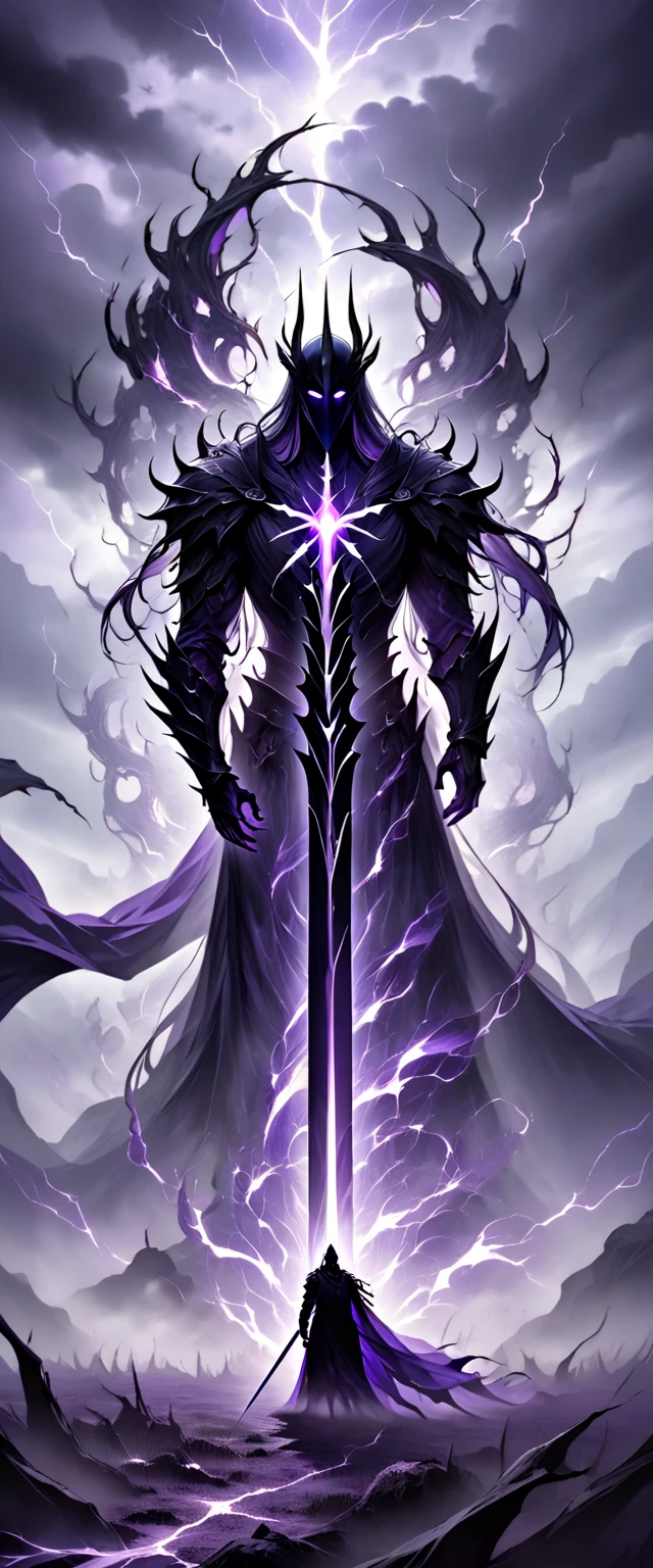 
"A towering man clad in massive, intricate armor crafted from blackened metal, its jagged, sharp edges and flowing designs radiating an aura of shadowy majesty. The armor’s surface is accented with glowing purple veins that pulse faintly, as if alive, blending seamlessly into the living darkness that seems to emanate from him. Spiked pauldrons rise high on his broad shoulders, and the chestplate bears a fearsome emblem of a shadowed crescent, exuding power and mystery.

In his left hand, he wields an enormous shield, nearly as tall as he is, forged from the same dark material as his armor, its surface etched with glowing purple runes that radiate unbreakable defense. In his right hand, he grips a long, menacing sword, its blade forged from shadowy energy, with a faint purple glow coursing along its sharp edges, crackling like restrained lightning.

His helmet conceals his face, but glowing purple eyes burn fiercely through the narrow visor, radiating authority and vigilance. A tattered, shadowy cape flows behind him, shifting as though made of smoke and darkness, adding to his formidable presence. He stands amidst a desolate battlefield, the ground beneath him fractured and scorched, with tendrils of dark mist swirling around his feet. The backdrop is a stormy, chaotic sky, lit by violet lightning and casting eerie light upon his towering, majestic figure. His form embodies the essence of a guardian knight forged from shadows, an unyielding force of destruction and protection."