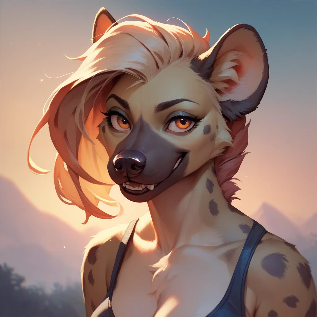 Solo, score_9,score_8_up,score_7_up, style, flat colors, source_furry, a cute young female spotted hyena, brown snout, black nose, brown eyes, short spiked undercut platinum blonde hair, black lips, brown hyena tail, brown hyena ears, naked, small breasts, feminine hourglass figure, grinning, sharp canine teeth, portrait, naked, front view, close up, smiling, hands up, five fingers, side view