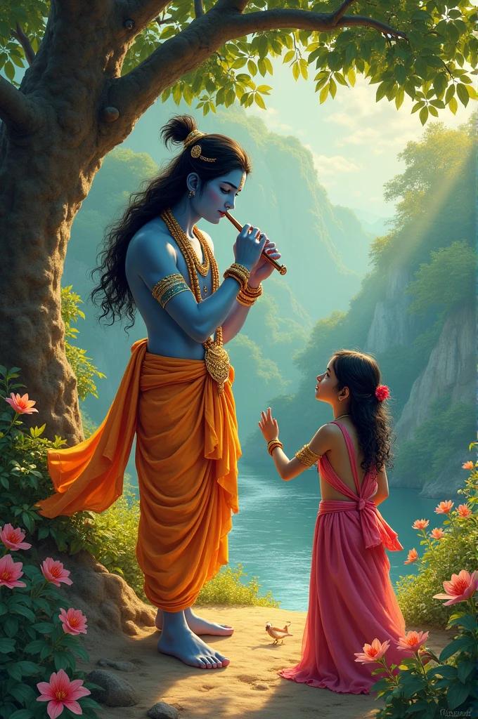 A 3D rendered image depicting a 2 Indian devotional boy named Somnath sitting next to Lord Krishna on a mountain peak. Krishna is playing his enchanting flute, while Samar listens in reverence. Somnath wears a T-shirt with his name clearly visible on it. The background showcases a breathtaking, heavenly view with lush landscapes and perhaps a distant sunset. A colorful peacock dances nearby, adding to the divine atmosphere. The image should have a realistic style with