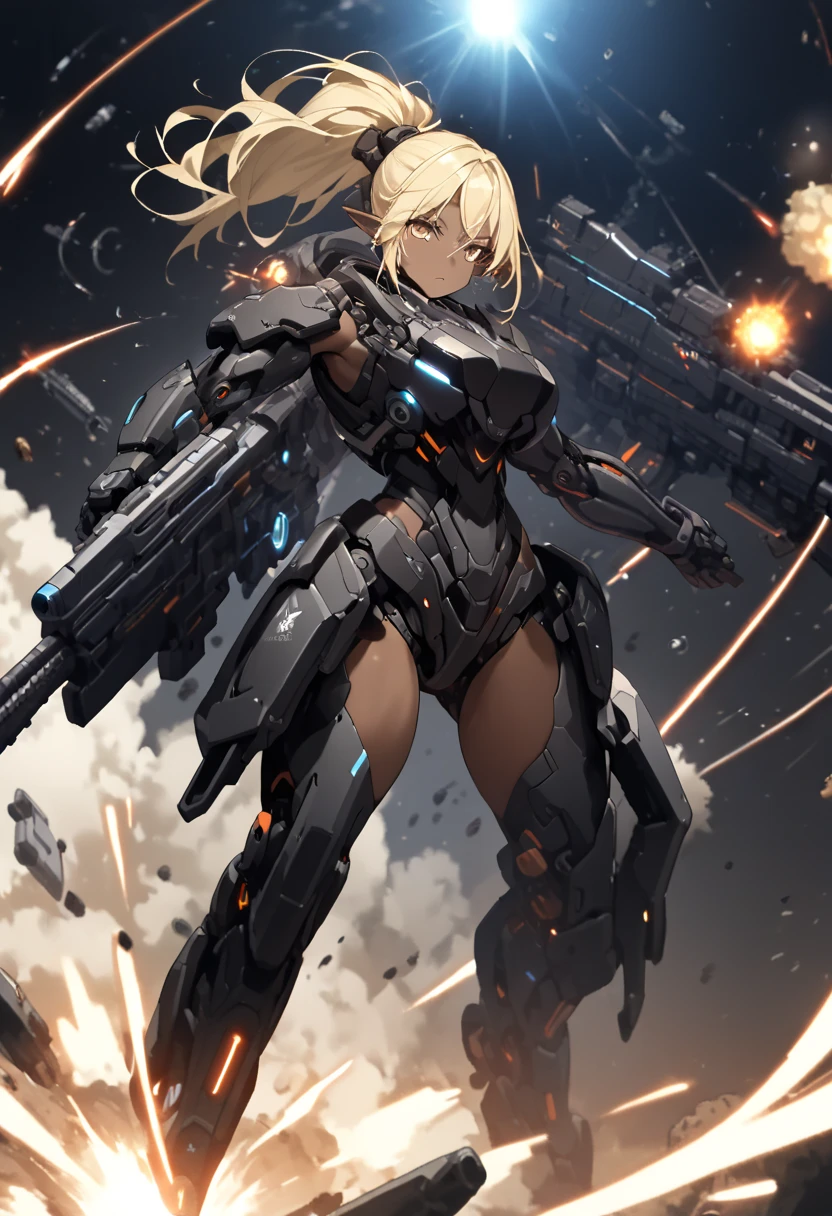 ( top quality 、 detailed images、Beautiful images、 official images )、((Near future、 outer space 、Space War))、( model body type、Blonde、 ponytail hair、short pointed ears 、 Big Breasts )、((( brown skin:1.5)))、( No Emotion)、(black cyber visor、 black cyber body armor、 Black Cyber Shoulder Armor、 black cyber boots 、black cyber gauntlet 、heavy assault rifle)、(( cowboy shot))、(Human Mobile Exoskeleton Weapon、 powered suit、shoulder cannon)、explosion、light、