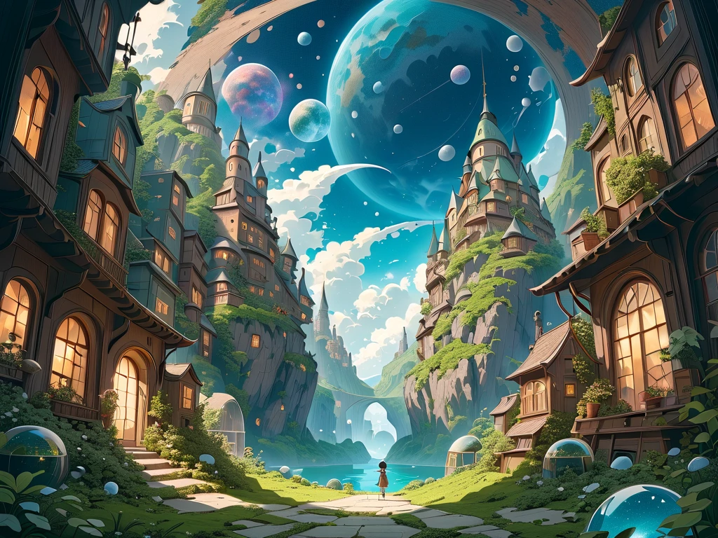 look up into outer space with vivid planet floating from a beautiful fantasy townscape, (masterpiece, ultra detailed, top quality), Studio Ghibli, PEAnimeBG.