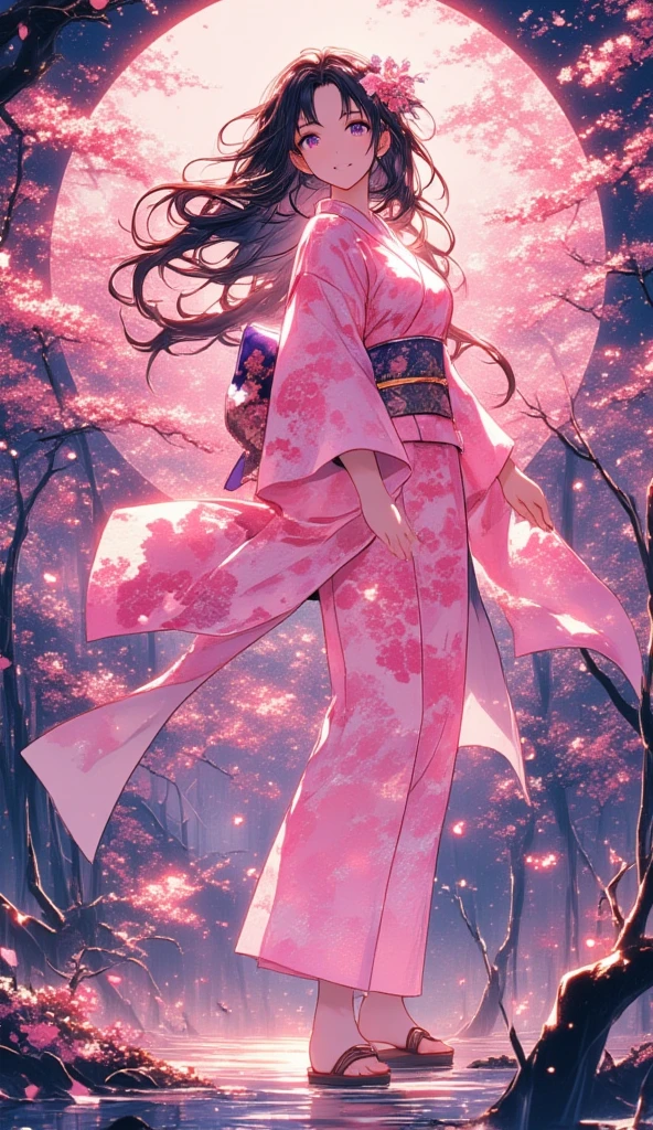 (masterpiece, best quality:1.2), 1 girl, unique, pink Japanese Yukata, The backdrop of detailed imagery of Japanese sakura petals inside the woman's silhouette, ethereal, concept, bleeding in with background, voluminous black hair with pink strands underneath mixing in with the background, creative accessories, medium breasts, creative dance pose and perspective, calming, dim lighting, hair reflecting the moonlight, fully clothed, traditional Japanese wooden sandals, SFW, water reflection, cowboy shot, collage art, Background of japanese sakura design patterns, rough lineart