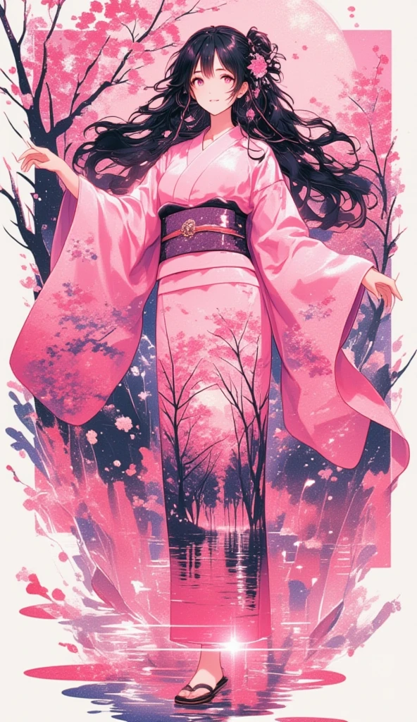 (masterpiece, best quality:1.2), 1 girl, unique, pink Japanese Yukata, The backdrop of detailed imagery of Japanese sakura petals inside the woman's silhouette, ethereal, concept, bleeding in with background, voluminous black hair with pink strands underneath mixing in with the background, creative accessories, medium breasts, creative dance pose and perspective, calming, dim lighting, hair reflecting the moonlight, fully clothed, traditional Japanese wooden sandals, SFW, water reflection, cowboy shot, collage art, Background of japanese sakura design patterns, rough lineart