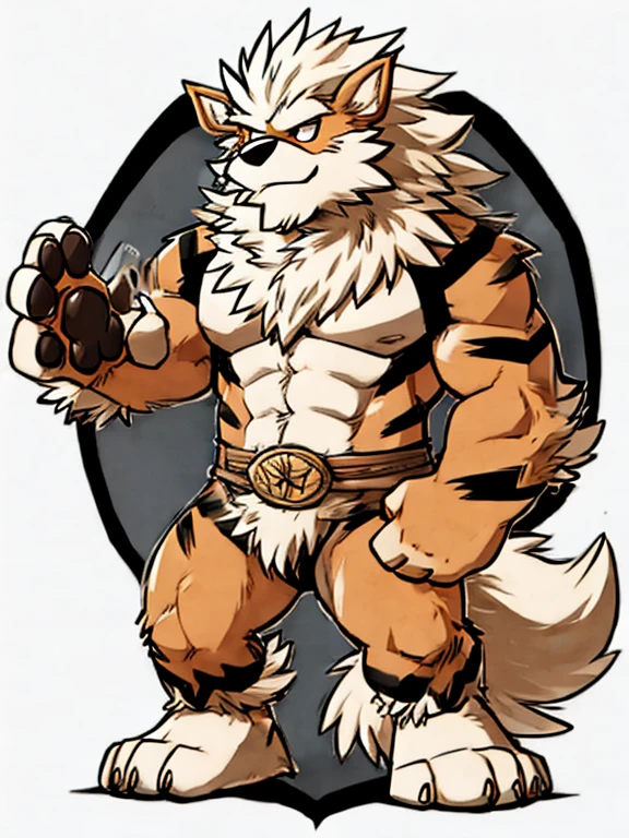 arcanine, Humanity, barefoot, bare chest, strong thigh, simple background, print style, Artist:Takemoto Arashi, paw pads details