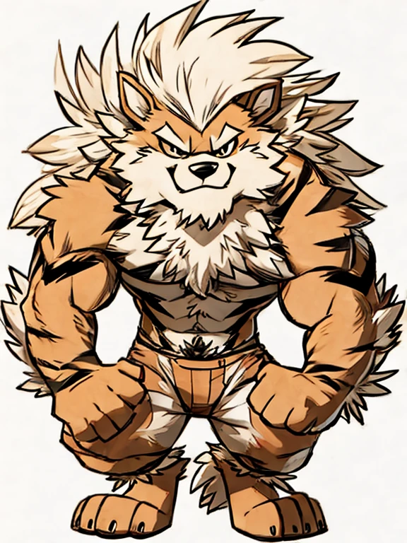 arcanine, Humanity, barefoot, bare chest, strong thigh, simple background, print style, Artist:Takemoto Arashi, paw pads details