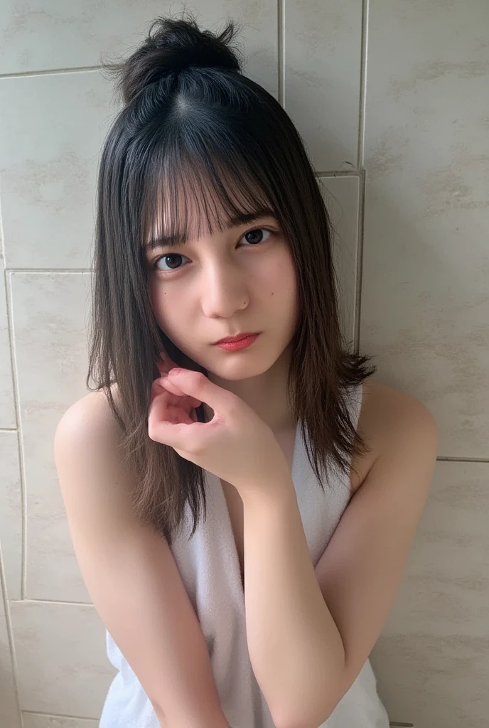 (((top-down configuration:1.4))), (best quality:1.4), (ultra highres:1.2), (photorealistic:1.4), (16k, RAW photo:1.2), (portrait shot:1.3), professional lighting, Japanese goddess, gravure, detailed face and skin texture, detailed eyes, looking at camera, nsfw, beautiful eyes, detailed eyes, beautiful face, detailed face, ((shy:1.5)), (blush:1.3), (highest quality), glowing skin, white skin, Her hair is long and black with bangs., Reality Photography, Clear picture quality, fair skin, glowing skin, full body photo, Bathroom, (smooth lighting:1.2), (cinema lighting:1.2), side view 1girl, ((naked towel:1.3)), ((her body is covered with towel:1.3)), (cleavage:1.3), ((large breasts:1.4)), (((bare thighs:1.3))), ((wet thighs:1.3)), ((thin thighs)) ((bare legs:1.2)), (bare feet), (in dressing room), ((steam fog:1.3)), ((sweat:1.5)), wet, (arms back head:1.4), ((emphasize armpits:1.4)), from side, Sleek and long legs, Top down view, naked towel, white towel, wet hair, wet body, hair bun, kneeling, blush