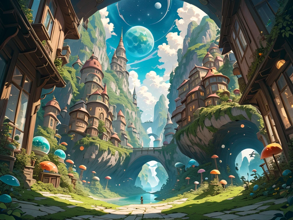 look up into outer space with vivid planet floating from a beautiful fantasy townscape, (masterpiece, ultra detailed, top quality), Studio Ghibli, PEAnimeBG.