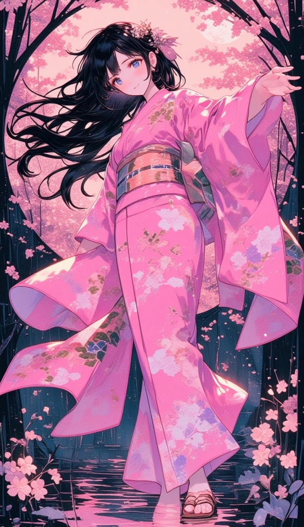 (masterpiece, best quality:1.2), 1 girl, unique, pink Japanese Yukata, The backdrop of detailed imagery of Japanese sakura petals inside the woman's silhouette, ethereal, concept, bleeding in with background, voluminous black hair with pink strands underneath mixing in with the background, creative accessories, medium breasts, creative dance pose and perspective, calming, dim lighting, hair reflecting the moonlight, fully clothed, traditional Japanese wooden sandals, SFW, water reflection, cowboy shot, collage art, Background of japanese sakura design patterns, rough lineart