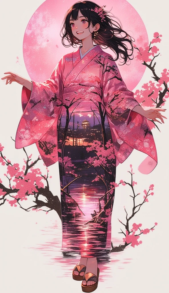 (masterpiece, best quality:1.2), 1 girl, unique, pink Japanese Yukata, The backdrop of detailed imagery of Japanese sakura petals inside the woman's silhouette, ethereal, concept, bleeding in with background, voluminous black hair with pink strands underneath mixing in with the background, creative accessories, medium breasts, creative dance pose and perspective, calming, dim lighting, hair reflecting the moonlight, fully clothed, traditional Japanese wooden sandals, SFW, water reflection, cowboy shot, collage art, Background of japanese sakura design patterns, rough lineart