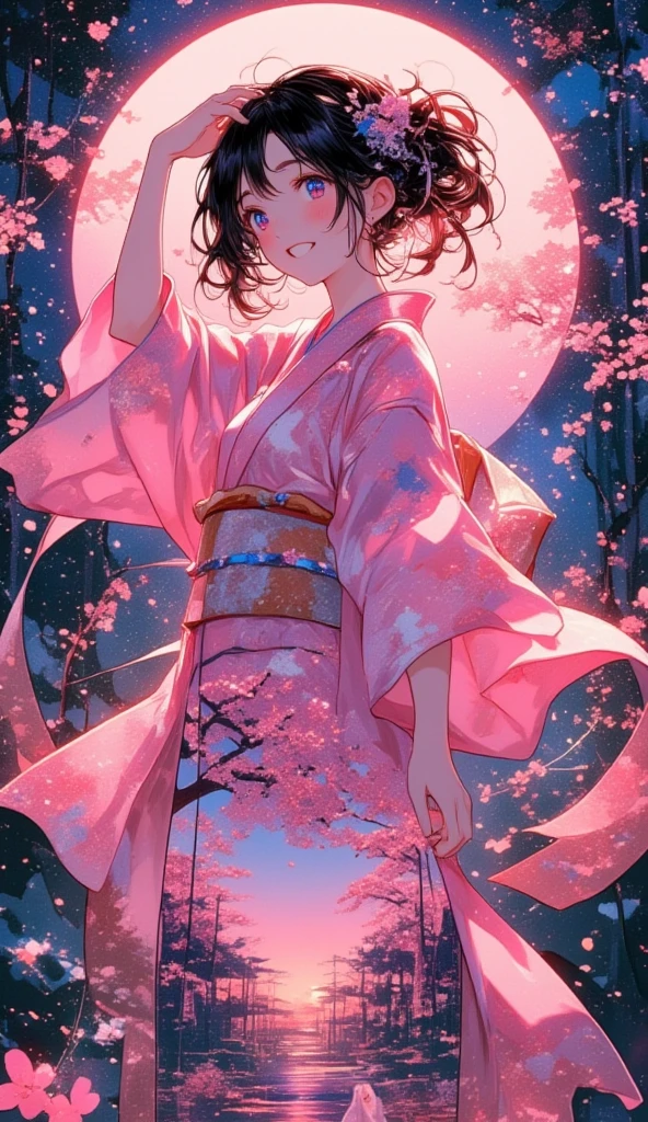 (masterpiece, best quality:1.2), 1 girl, unique, pink Japanese Yukata, The backdrop of detailed imagery of Japanese sakura petals inside the woman's silhouette, ethereal, concept, bleeding in with background, voluminous black hair with pink strands underneath mixing in with the background, creative accessories, medium breasts, creative dance pose and perspective, calming, dim lighting, hair reflecting the moonlight, fully clothed, traditional Japanese wooden sandals, SFW, water reflection, cowboy shot, collage art, Background of japanese sakura design patterns, rough lineart