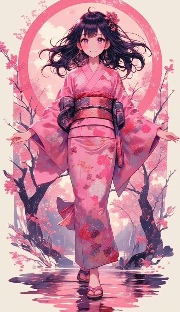 (masterpiece, best quality:1.2), 1 girl, unique, pink Japanese Yukata, The backdrop of detailed imagery of Japanese sakura petals inside the woman's silhouette, ethereal, concept, bleeding in with background, voluminous black hair with pink strands underneath mixing in with the background, creative accessories, medium breasts, creative dance pose and perspective, calming, dim lighting, hair reflecting the moonlight, fully clothed, traditional Japanese wooden sandals, SFW, water reflection, cowboy shot, collage art, Background of japanese sakura design patterns, rough lineart