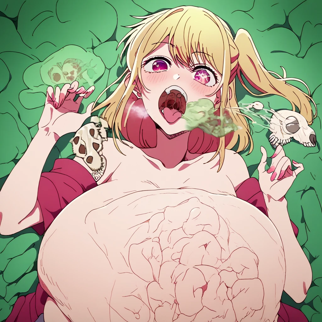 A person trapped inside Ai Hoshino's belly. X ray vore. burping, mass vore, digesting, bones. Ai hoshino lets out a massive green burp to show she is satisfied,, 10 prey in her stomach, 1 pred, 1 Girl, Ai Hoshino's eyes are  6 pointed star pupils on both eye, High Details, burping up bones, ruby hoshino at the right mixing her boney burps, bones, skull, gas, green cloud, hot breathe