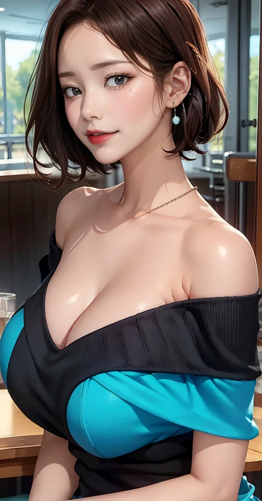 (highest quality),(1 Lady, alone, Upper body) Short Hair Blue Dark Hair Color, Off-shoulder long sweater、Clear double eyelids、Shoulder-length hair and compensate: nature, glowing skin, very big breasts, open your eyeature woman、(Sweat,vapor,Lower ***********),open your mouth、small necklace、big earrings、Wet and shiny pink lipstick、compensate、、Twitching、From ~ side, naked man ,,~ side ,~ side ,Youghal, (whole body、full shot: 1.8)