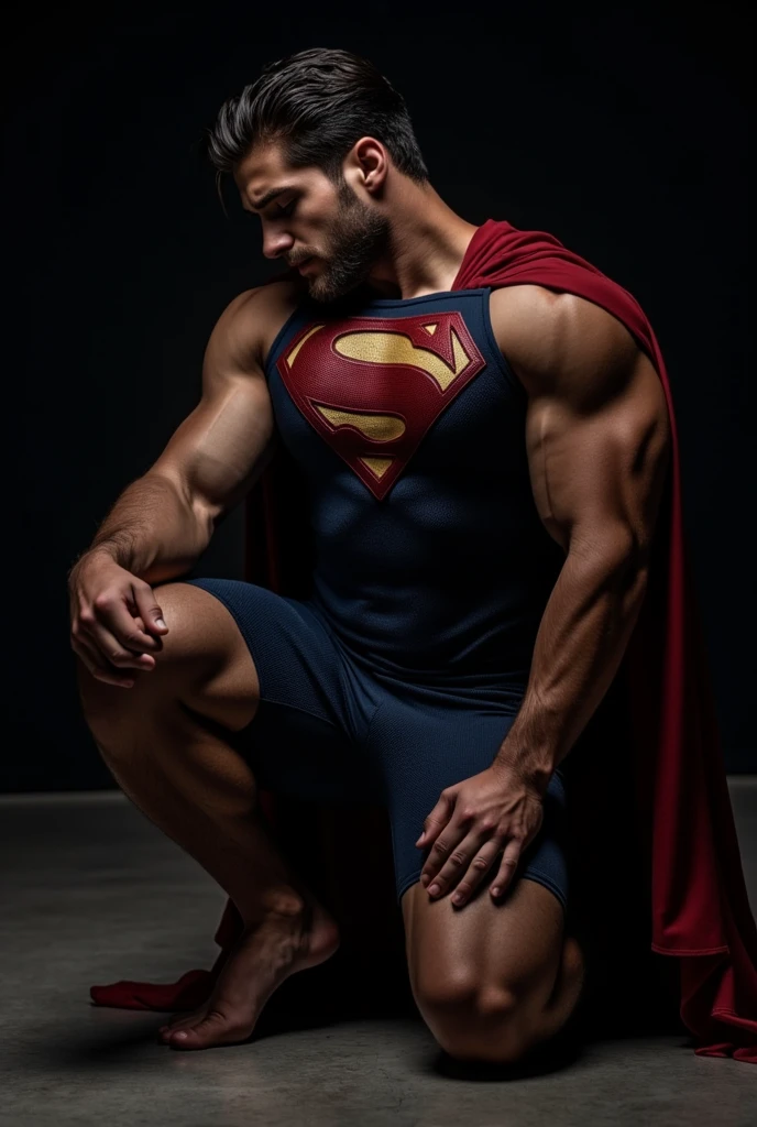 Cody Christian attractive, muscular, with short beard, dressed in a Superman costume. kneeling on the floor with head slightly tilted down and eyes closed, with an expression of pain. with intense lighting