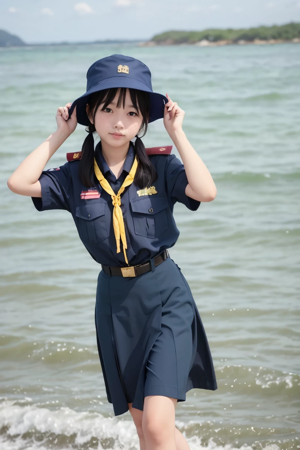 Girl, navy blue thai_girlscout_uniform, navy blue girl scout hat, at the sea, navy blue skirt, looks thai and vietnamese nationality. 