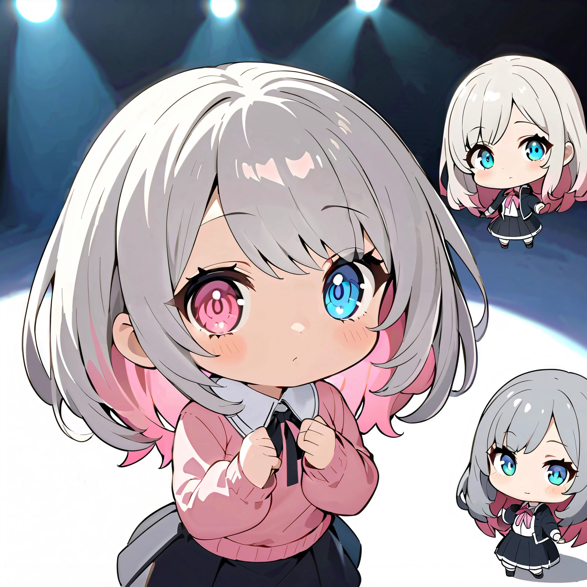  chibi_ Nendoroid . chibi. chibi、asymmetry bangs, swept bangs.,extends hands、eyeを閉じる、   wear a black hoodie Mike 、{{{masterpiece}}}, {{{ top quality}}}, {{  super detailed }}, {beautiful detailed eye}, 1  girl, Alone, ((Grey Hair)),(bangs),   angle from above、   looks up,  girl ,Midea,eye、   Dynamic Angle  、Long Grey Hair、  pink hair tips  、Alone、   medium hair 、白い   medium hair 、 Song、Idol、長めの   medium hair 、   long hair、   bob hair、   stageに立ち Song、   long-sleeved pink shirt with a white collar   {x} 肩くらいまで伸びるGrey Hair 、 Pink hair with pink tips  、   medium hair ー、  hair with pink inner color、  white hair down to shoulders  、 pretty   girl、Detailed eye、Anime、   Shirogane Noel、   stage、   black skirt 、   white hair down to shoulders   、 simple background、,Alone、 1   girl、E art style  、 The light shines 、Beautiful Shadows、Alone、singer、
