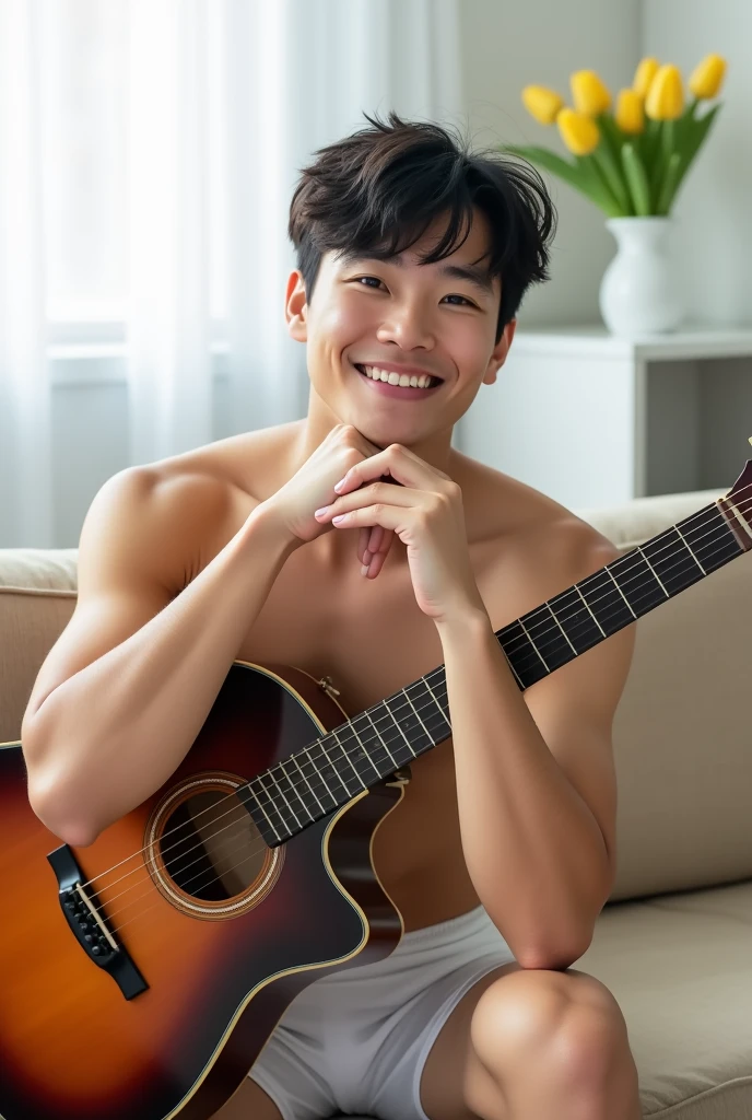 1 man, muscular body, 18 years old, wearing no shirt, half body naked, and blue jeans, vibrant and energetic, playing guitar passionately, surrounded by a lush green garden with colorful flowers in bloom. (best quality,4k,8k,highres,masterpiece:1.2), ultra-detailed, (realistic,photorealistic,photo-realistic:1.37) medium, bokeh, portraits, vivid and warm color palette, sunset lighting.