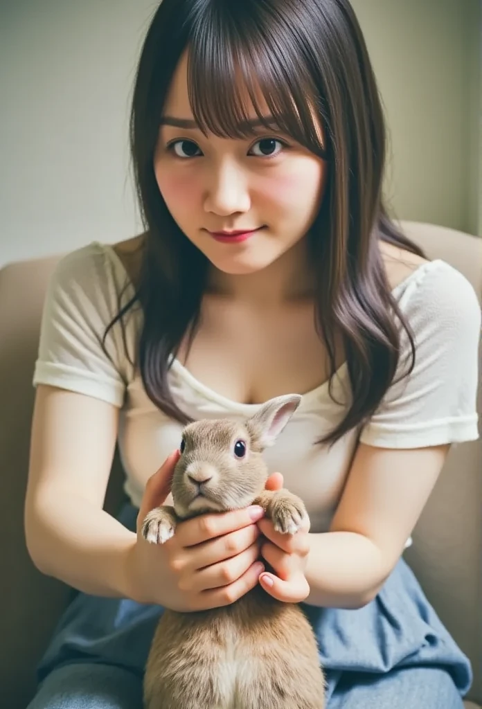  Rabbitと触れ合う女性 ,masterpiece,  top quality , 8k, 20 years old, Teen,   RAW photo ,   absurd ,   award winning portrait , 笑face, Alone, ( Rabbit:1.8), Idol&#39;s face,   Delicate Girl,   upper body,   dslr,   viewers , Frank, Sophisticated,Thin arms,     professional lighting  ,   Film Grain,  Color Difference, ( 目とfaceの詳細 :1.0), (blouse:1.1) , (  denim skirt :1.1) ,   close their mouth  ,   black hair , Droopy eyes , large full breasts , ( Thick lips:1.2) ,   face