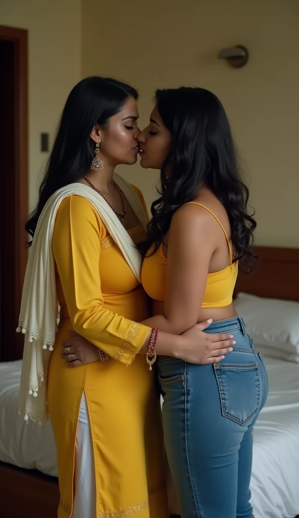 in modern office,while watching some bananas on the table,while other two 16 years old girls mastubating,two fully nude 65 years old indian ladies in tongue out in red,blue,yellow sarees,natural black_gray color hair,very long,tailbone length hair,drenched with 10 liters hair oil in hair,slicked combed,cascade down to back side,one lady on top of the other lady.kissing,licking,fingering,full nude,saggy breast,saggy upt to knee level breast hanging,