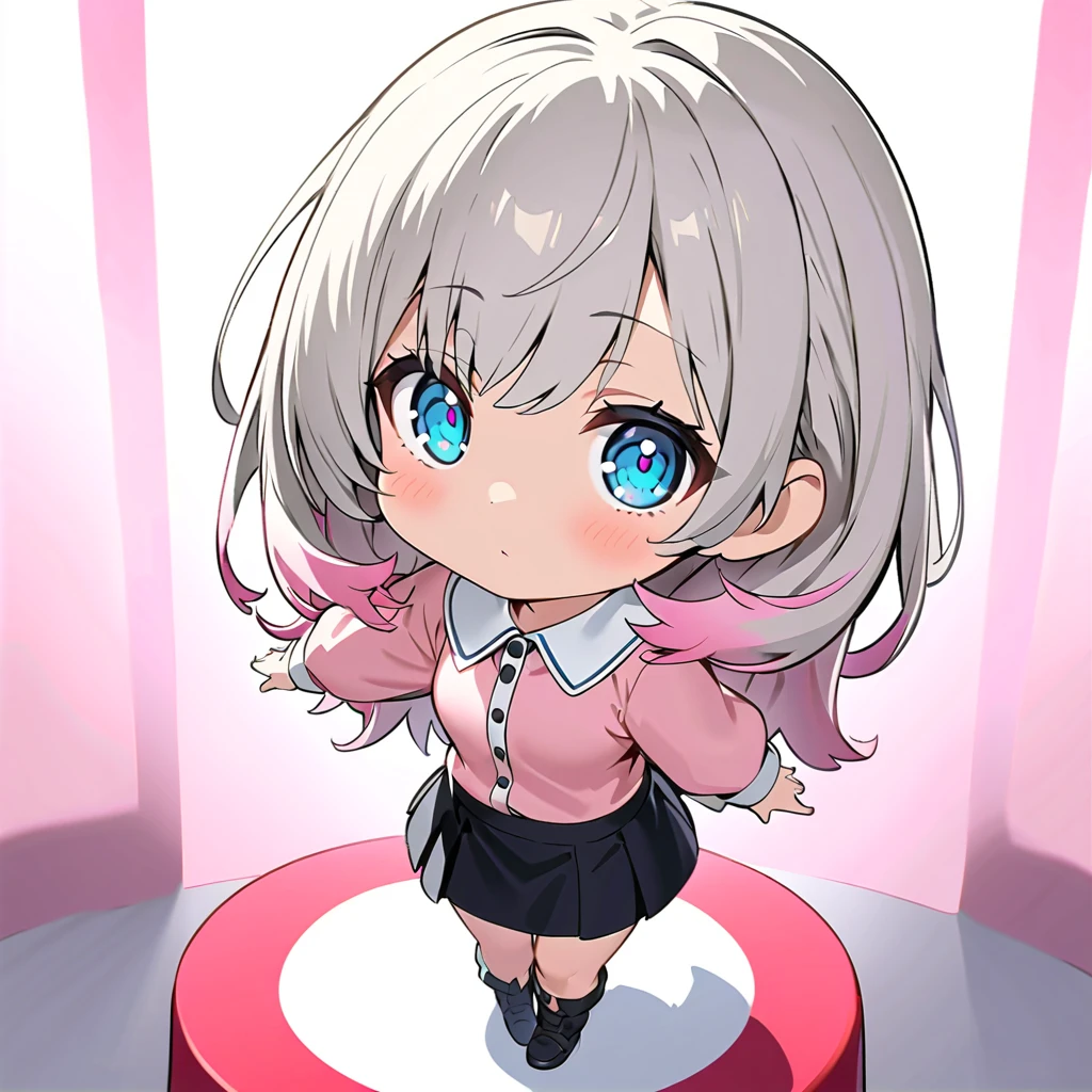  chibi_ Nendoroid . chibi. chibi、asymmetry bangs, swept bangs.,extends hands、eyeを閉じる、 {{{masterpiece}}}, {{{ top quality}}}, {{  super detailed }}, {beautiful detailed eye}, 1  girl, Alone, ((Grey Hair)),(bangs),   angle from above、   looks up,  girl ,Midea,eye、   Dynamic Angle  、Long Grey Hair、  pink hair tips  、Alone、   medium hair 、白い   medium hair 、 Song、Idol、長めの   medium hair 、   long hair、   bob hair、   stageに立ち Song、   long-sleeved pink shirt with a white collar   {x} 肩くらいまで伸びるGrey Hair 、 Pink hair with pink tips  、   medium hair ー、  hair with pink inner color、  white hair down to shoulders  、 pretty   girl、Detailed eye、   Shirogane Noel、   stage、   black skirt 、   white hair down to shoulders   、 simple background、,Alone、 1   girl、E art style  、 The light shines 、Beautiful Shadows、Alone、singer、
