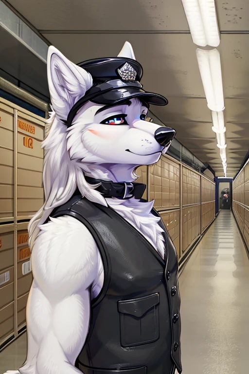 Anthropomorphic furry white male furry wolf, wearing a black TSA Vest, Black TSA Cap, Black TSA uniform, black leather collar badge, Looking at viewer, Long Hair, Masterpiece, sniffling boxes, airport cargo room 