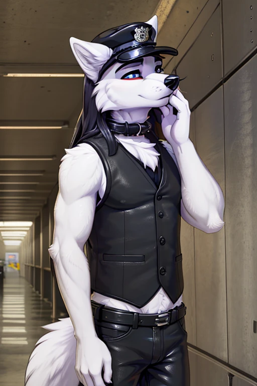 Anthropomorphic furry white male furry wolf, wearing a black TSA Vest, Black TSA Cap, Black TSA uniform, black leather collar badge, Looking at viewer, Long Hair, Masterpiece, sniffling boxes, airport cargo room 