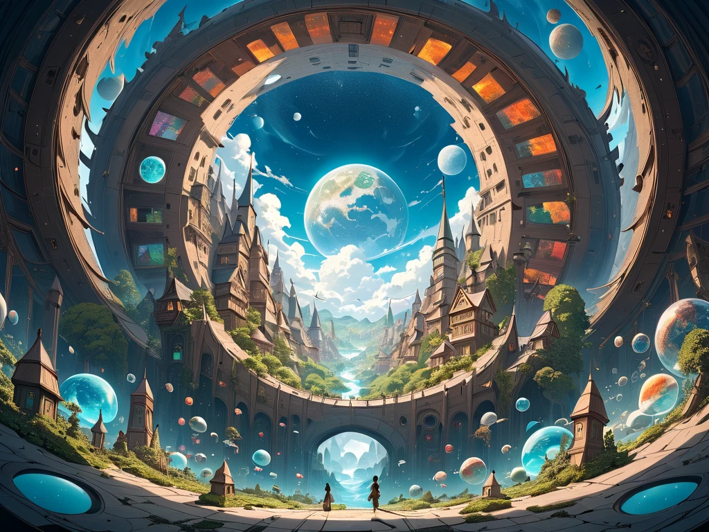 look up into outer space with vivid planet floating from a beautiful fantasy townscape, (masterpiece, ultra detailed, top quality), Studio Ghibli, PEAnimeBG.