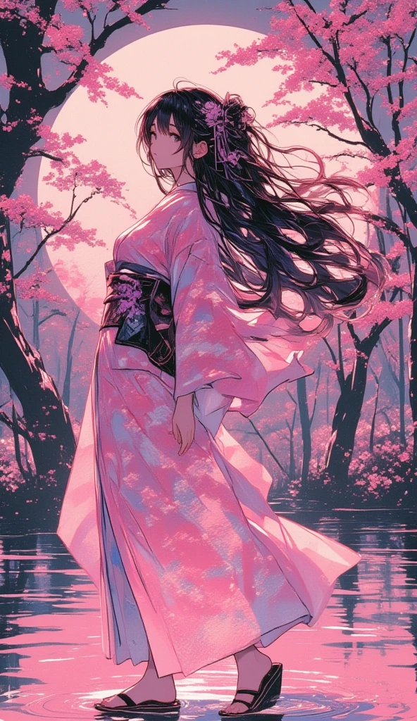 (masterpiece, best quality:1.2), 1 girl, unique, pink Japanese Yukata, The backdrop of detailed imagery of Japanese sakura petals inside the woman's silhouette, ethereal, concept, bleeding in with background, voluminous black hair with pink strands underneath mixing in with the background, creative accessories, medium breasts, creative dance pose and perspective, calming, dim lighting, hair reflecting the moonlight, fully clothed, traditional Japanese wooden sandals, SFW, water reflection, cowboy shot, collage art, Background of japanese sakura design patterns, rough lineart