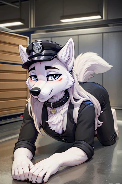 Anthropomorphic furry white male furry wolf, wearing a black TSA Vest, Black TSA Cap, Black TSA uniform, black leather collar badge, Looking at viewer, Long Hair, Masterpiece, sniffling boxes, airport cargo room, on all fours 