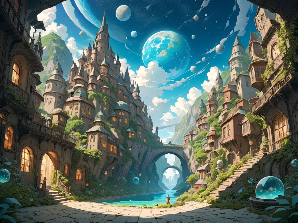 look up into outer space with vivid planet floating from a beautiful fantasy townscape, (masterpiece, ultra detailed, top quality), Studio Ghibli, PEAnimeBG.