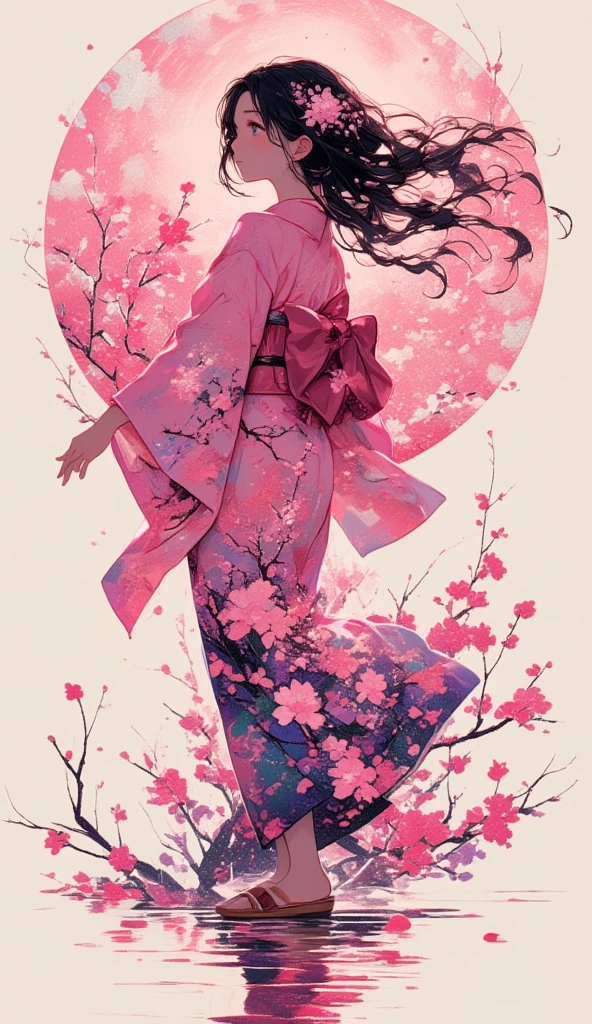 (masterpiece, best quality:1.2), 1 girl, unique, pink Japanese Yukata, The backdrop of detailed imagery of Japanese sakura petals inside the woman's silhouette, ethereal, concept, bleeding in with background, voluminous black hair with pink strands underneath mixing in with the background, creative accessories, medium breasts, creative dance pose and perspective, calming, dim lighting, hair reflecting the moonlight, fully clothed, traditional Japanese wooden sandals, SFW, water reflection, cowboy shot, collage art, Background of japanese sakura design patterns, rough lineart