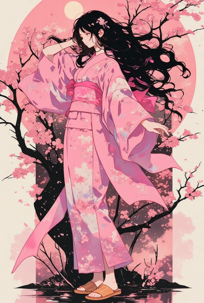 (masterpiece, best quality:1.2), 1 girl, unique, pink Japanese Yukata, The backdrop of detailed imagery of Japanese sakura petals inside the woman's silhouette, ethereal, concept, bleeding in with background, voluminous black hair with pink strands underneath mixing in with the background, creative accessories, medium breasts, creative dance pose and perspective, calming, dim lighting, hair reflecting the moonlight, fully clothed, traditional Japanese wooden sandals, SFW, water reflection, cowboy shot, collage art, Background of japanese sakura design patterns, rough lineart