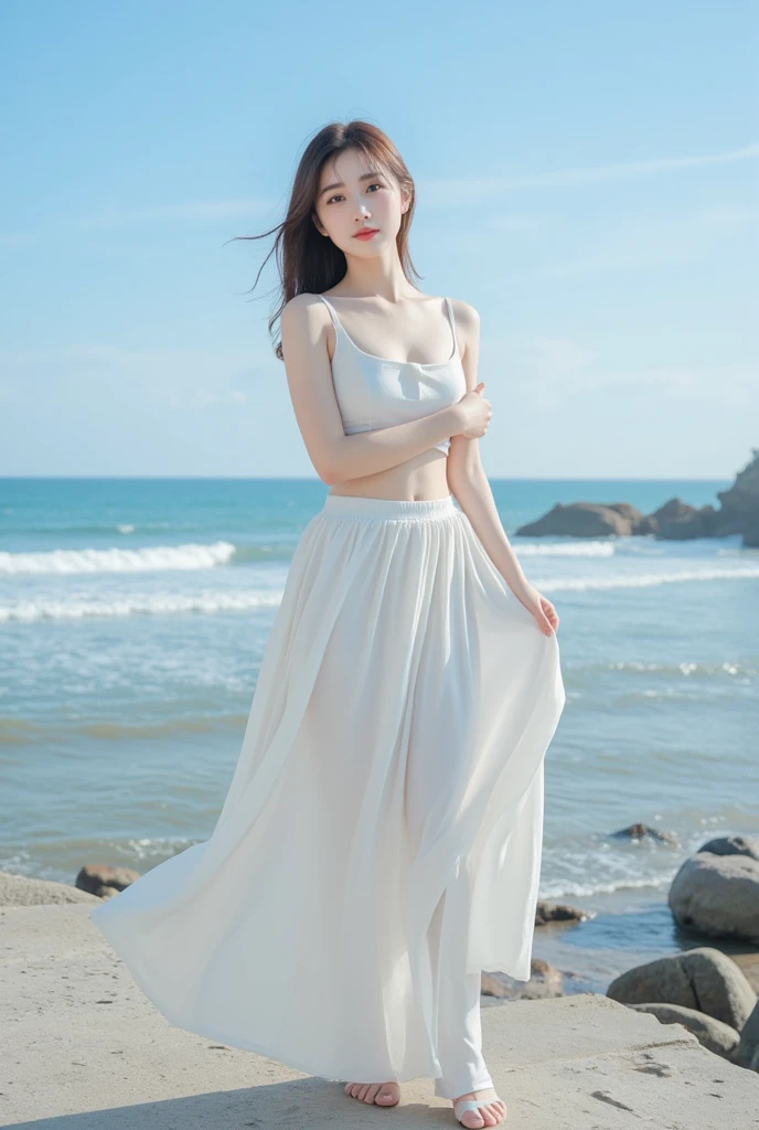 A young Asian beauty, tall, (supermodel figure: 1.5), bust photo, wearing a white gauze skirt, (standing in a paddy field: 1.5), endless ears of wheat, holding seedlings, blue sky and white clouds in the background, --v6