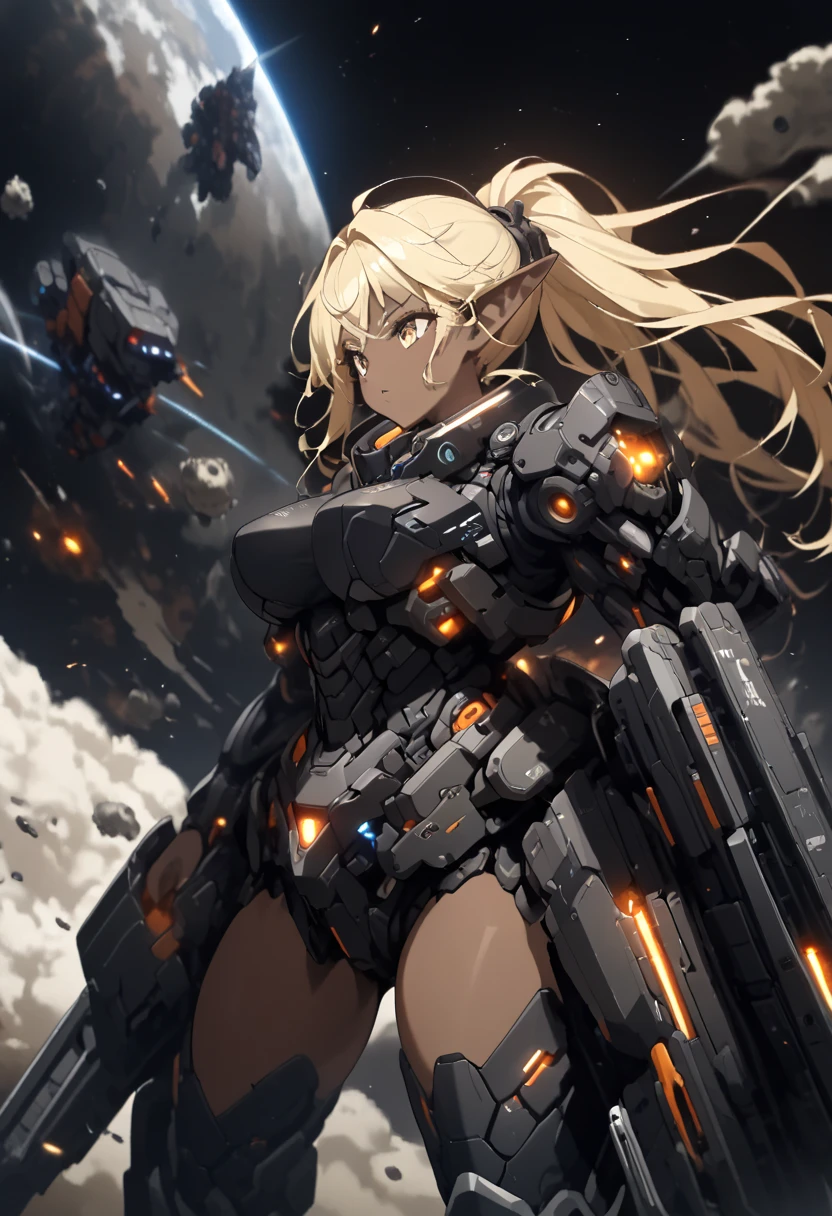 ( top quality 、 detailed images、Beautiful images、 official images )、((Near future、 outer space 、Space War))、( model body type、Blonde、 ponytail hair、short pointed ears 、 Big Breasts )、((( brown skin:1.5)))、( No Emotion)、(black cyber visor、 black cyber body armor、black cyber shoulder armor、 black cyber boots 、black cyber gauntlet 、heavy assault rifle)、(( cowboy shot))、(Human Mobile Exoskeleton Weapon、 powered suit、shoulder cannon)、explosion、light、