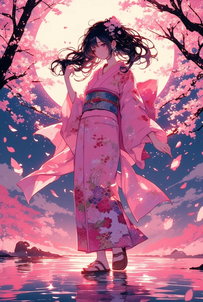 (masterpiece, best quality:1.2), 1 girl, unique, pink Japanese Yukata, The backdrop of detailed imagery of Japanese sakura petals inside the woman's silhouette, ethereal, concept, bleeding in with background, voluminous black hair with pink strands underneath mixing in with the background, creative accessories, medium breasts, creative dance pose and perspective, calming, dim lighting, hair reflecting the moonlight, fully clothed, traditional Japanese wooden sandals, SFW, water reflection, cowboy shot, collage art, Background of japanese sakura design patterns, rough lineart